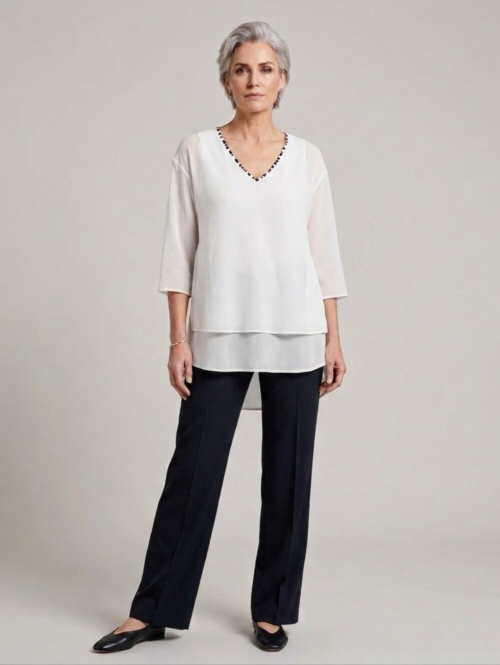 Sportalm White V-neck Multilayer Tunic Blouse NEW